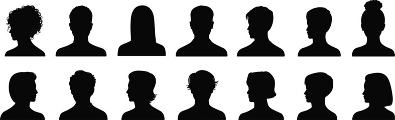 Human head silhouettes, hairstyle variation, black vector icons, male female profiles, head shape design, white background, identification, educational use