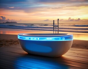 high tech bathtub with built in led screens interactive displayed on beach background