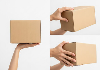 Hands holding and presenting a cardboard shipping box