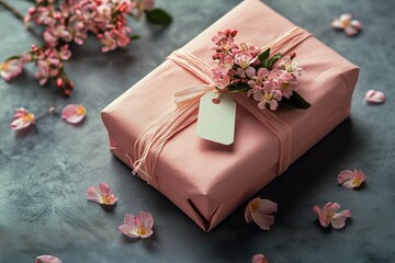 Gift Wrapped in Pink With Flowers on Blue Background for a Special Occasion.