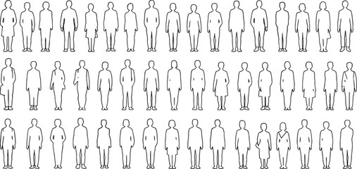 Minimalist human figure icons, black outline drawings, diverse postures, simple design, faceless silhouettes, clothing variations, grid layout, abstract people, uniform style, diversity concept