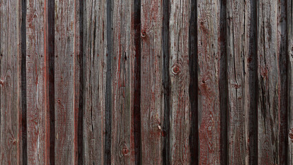 Rustic wooden wall with faded red paint, weathered planks in landscape view 
