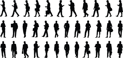 Silhouettes of business people, walking, standing, phone use, briefcase, bag, black figures, white background, posture, gesture, urban activity