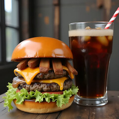 Juicy Double Cheeseburger with French Fries and Soda on a Wooden Table