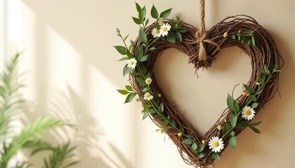 Rustic heart wreath crafted from twigs, adorned with delicate daisies hanging on soft beige wall. Natural plants entwined around heart shape adds charm. Hand-made floral arrangement offers cosy,