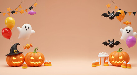 Flat design Halloween background with pumpkins, black cats, bats and spooky spider webs