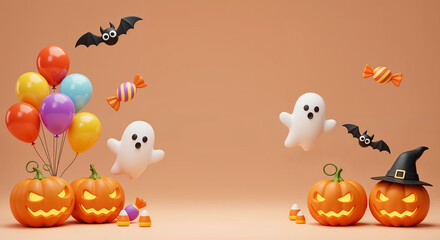 Minimalist Halloween seamless pattern with black cats, pumpkins, spider webs, bats and candy corn