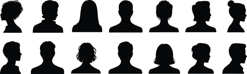 Silhouettes of diverse head shapes, hairstyle variations, black vector icons, male and female profiles, character design, avatar reference, illustration set