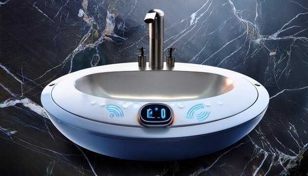 high tech smart sink with built in temperature control and sensors on marble background