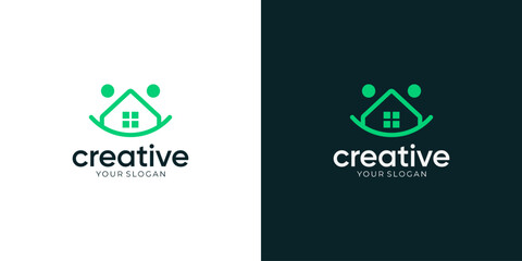 Unique concept of happy smiling face with homes, Minimalist outline of logo design vector ideas.