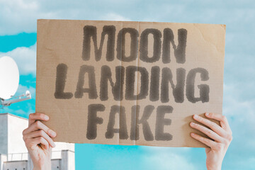 "Moon Landing Fake" Classic conspiracy referencing claims about a staged mission. SKEPTICISM. EVIDENCE. SHADOWS. FOOTAGE. ASTRONAUTS. STUDIO. DEBUNKED.