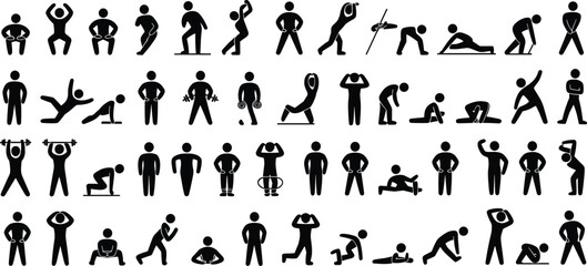 Naklejka premium Stick figure exercise icons, fitness poses, yoga movements, stretching, weightlifting, workout routine guide, black vector set, physical activity illustration