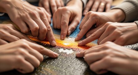 Diverse group solving colorful jigsaw puzzle together