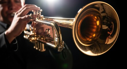 Close-up of brass trumpet being played by young caucasian male musician