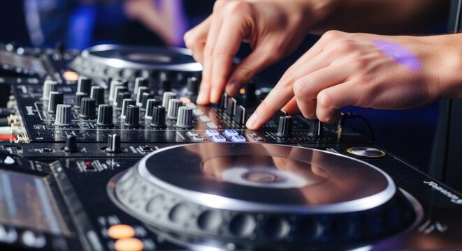 Close-up of dj mixing music on professional equipment at nightclub event