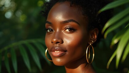 Close-up beauty portrait of a confident Black woman with glowing skin, promoting eco-friendly cosmetics. Natural, organic skincare enhances healthy radiance. Minimal makeup, large gold earrings.