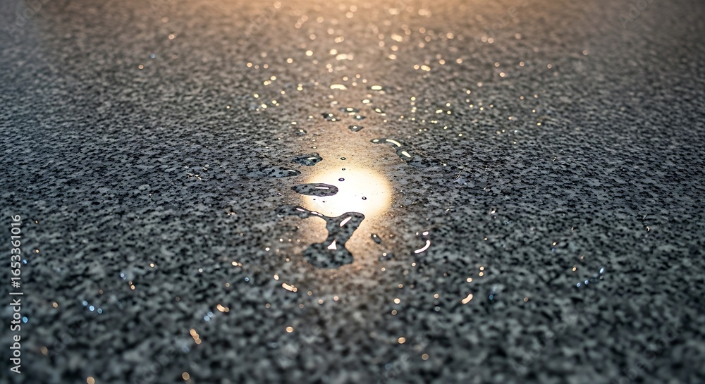 Aufkleber a closeup of water droplets on a dark, textured surface, reflecting sunlight and creating a dynamic 