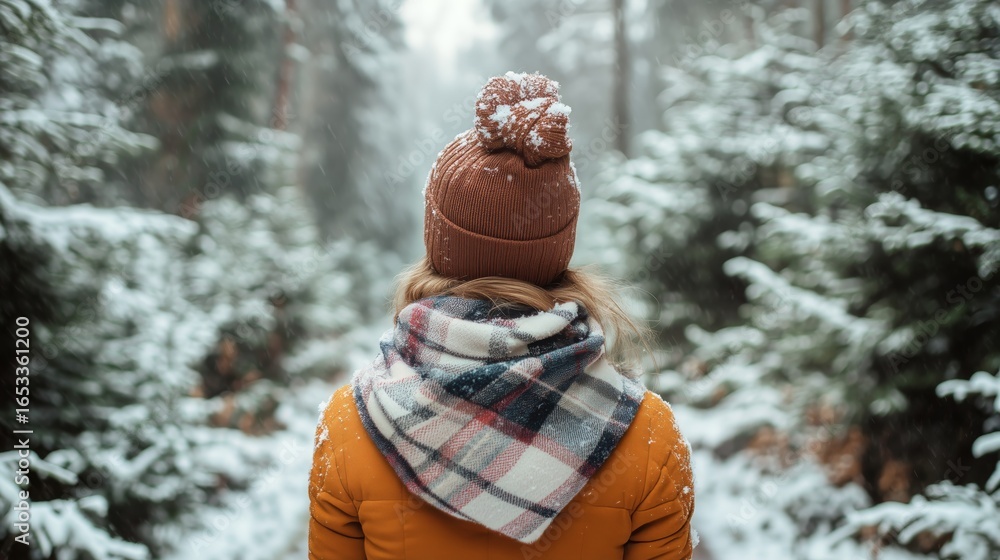 Aufkleber enjoying a snowy winter walk through a tranquil forest path surrounded by trees and soft snowfall.