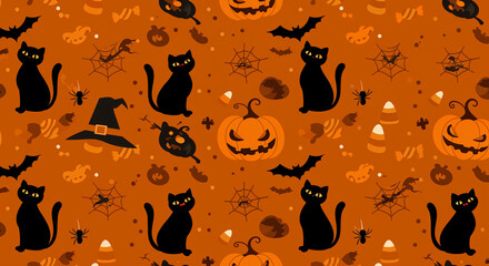 Halloween wallpaper with smiling pumpkins, big-eyed bats, candy corn and soft gradient