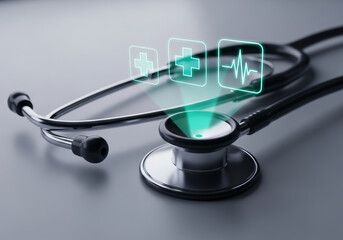 Stethoscope with glowing medical icons representing health and technology