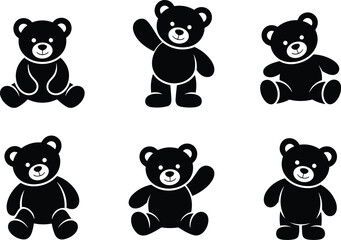 Adorable teddy bear silhouettes in various playful poses, perfect for children’s vector art, toy illustrations, and cute graphic design projects
