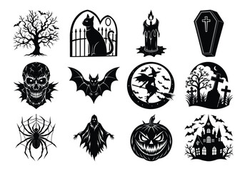 A collection of spooky halloween silhouettes including a bat, cat, spider, skull, ghost, pumpkin, coffin, candle, tree, witch, castle, and graveyard