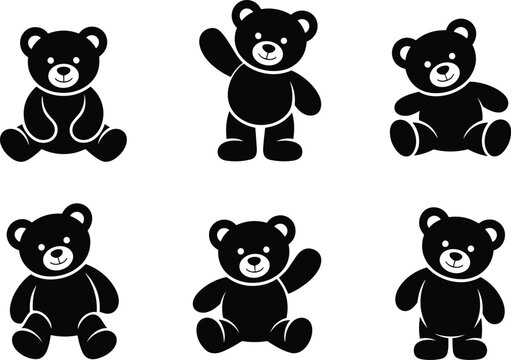 Adorable teddy bear silhouettes in various playful poses, perfect for children’s vector art, toy illustrations, and cute graphic design projects