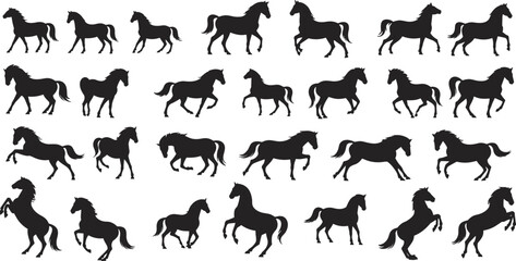 Collection of detailed horse silhouettes in various poses for equestrian, animal‑themed vector art, design, illustration, and creative graphic projects
