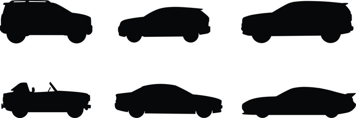 Collection of Six Car Silhouettes Featuring SUVs, Sedans, and Convertibles in Black Vector Style for Automotive Design, Marketing, and Transportation Projects