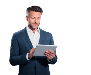 A businessman using a tablet isolated on transparent background