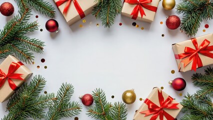 Christmas tree with a white background and a red bow. There are several boxes and ornaments on the tree