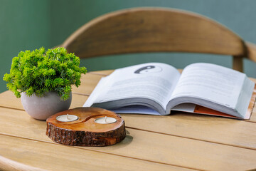 Zen inspired still life with open book, yin yang candle holder and green plant