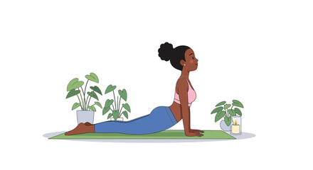 A dark-skinned woman in a pink top and blue leggings performs the Cobra yoga pose on a green mat, surrounded by potted plants and a lit candle