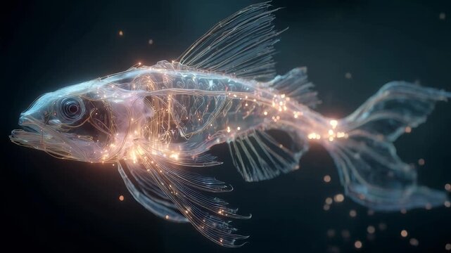 Underwater scene featuring a glowing, sparkling fish swimming through dark waters Luminous trail follows the fishs movement The fish has dorsal fins and gill covers, blues and greens - AI-Generated