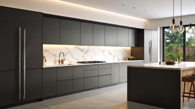 Modern Minimalist Kitchen Interior with Black Cabinets and Marble Backsplash