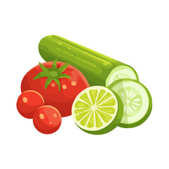 Healthy vegetables set: cucumber slices, cherry tomatoes, and lime and tomato, flat minimalist 2D vector illustration, white background, clean, simple design.