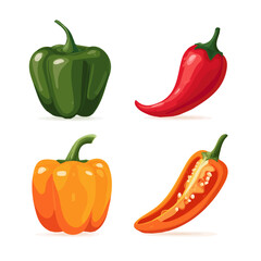 My Healthy vegetables set: Juicy peppers. Paprika. Hot chili pepper sliced, flat minimalist 2D vector illustration, white background, clean, simple design.