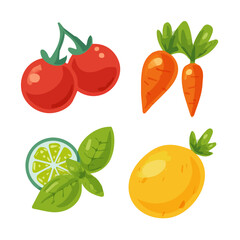 My Simple flat 2D icon, tomato, cherry, carrots, basil, carrot isolated on a white background, vector, flat design, animation design, simple flat 2D icon, minimalist design, vector design, eps format