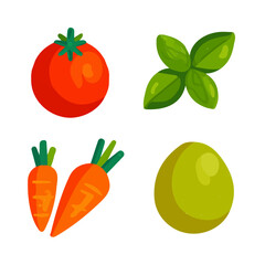 My Healthy vegetables set: tomato and carrot and olive and mint flat minimalist 2D vector illustration, white background, clean, simple design.
