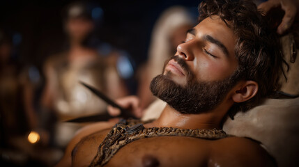 Samson sleeps in Delilah&rsquo;s lap, his hair partially cut, capturing betrayal, vulnerability, and the tragic turning point of strength lost through deception..
