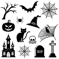 Black and White Halloween Vector Silhouette Set Scary Halloween Icons in Black & White.eps