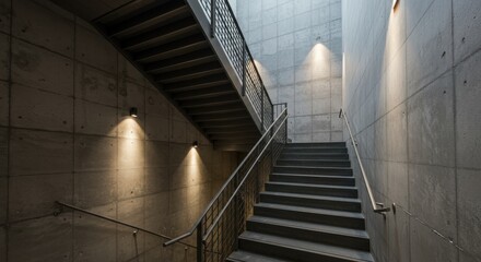 Modern concrete staircase with metal railing and spotlights