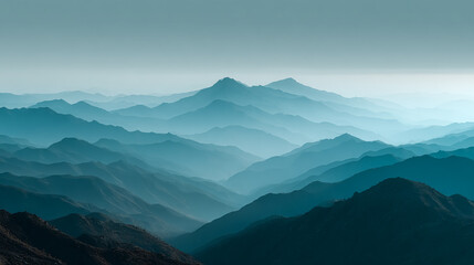 Fototapeta premium Layered blue mountain ranges recede into the distance. Evokes peace and solitude. For travel, design, web, and marketing uses.