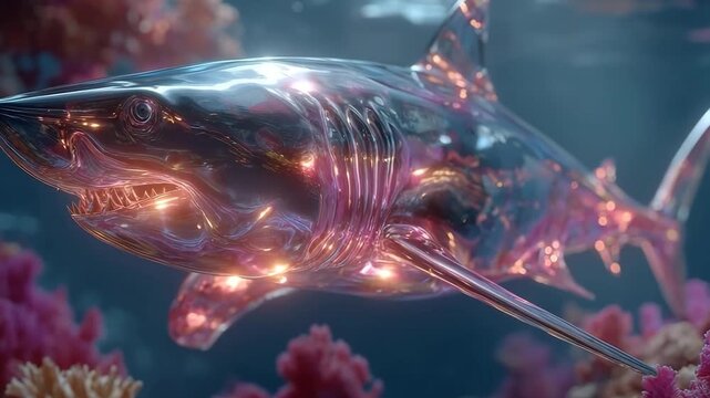 Underwater shark, fantastical design, translucent skin, glowing particles, soft pinkish-purple lighting, slightly viscous water, coral formations, elevated angle, computer-generated ima - AI-Generated