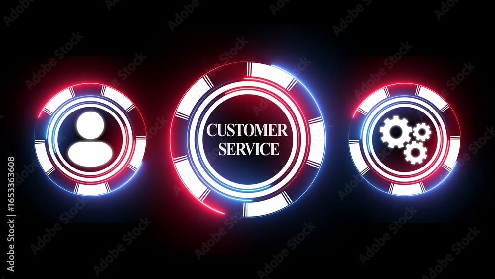 Poster three glowing circular icons with customer service and gears symbols on dark background user