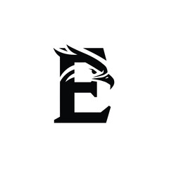 Letter E Logo Design with Eagle Head Silhouette for Branding and Identity Black and White Minimalist Concept for Corporate Identity and Company Mascot