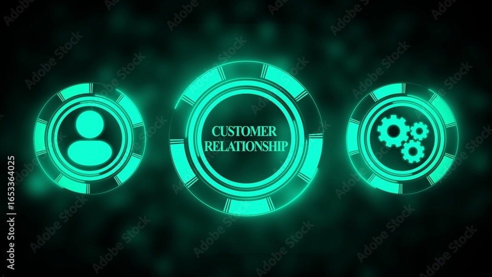 Aufkleber three glowing circular interfaces with icons for customer relationship and gears on a dark blurred b