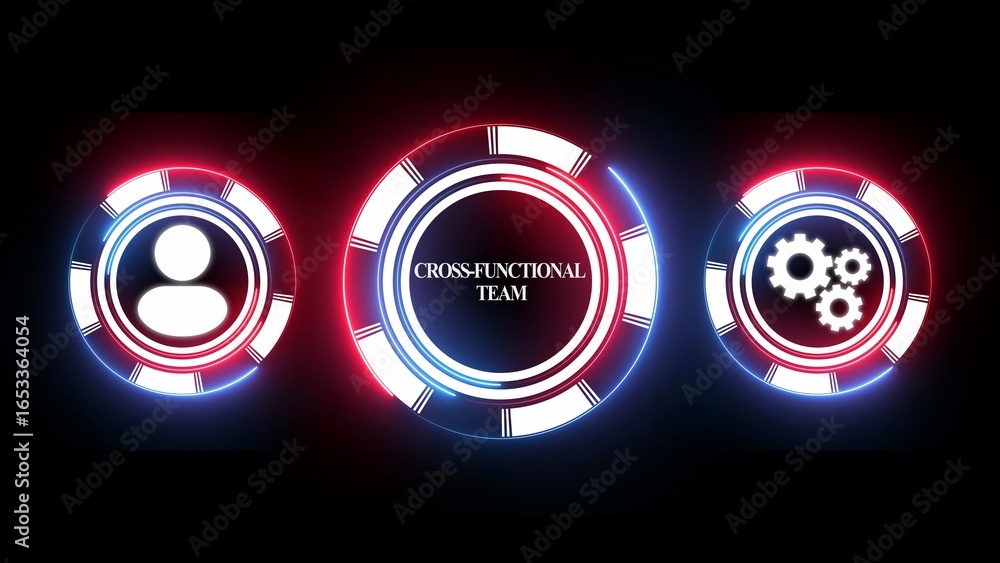 Poster three glowing circular interfaces with icons for people team and gears on a dark blurred background 