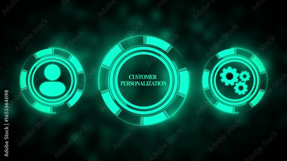 Poster three glowing circular interfaces with icons representing customer personalization and gears on a da
