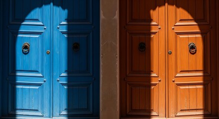 Contrast of vibrant blue and orange wooden doors with circular shadows creating artistic symmetry